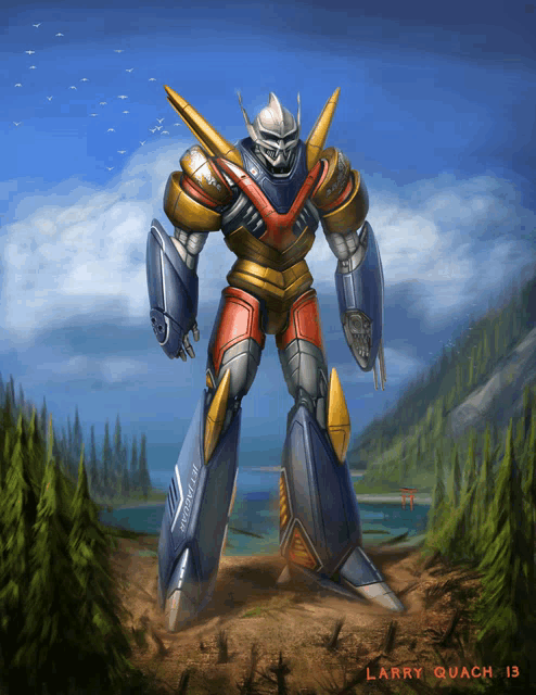 a painting of a robot by larry quach with a lake in the background