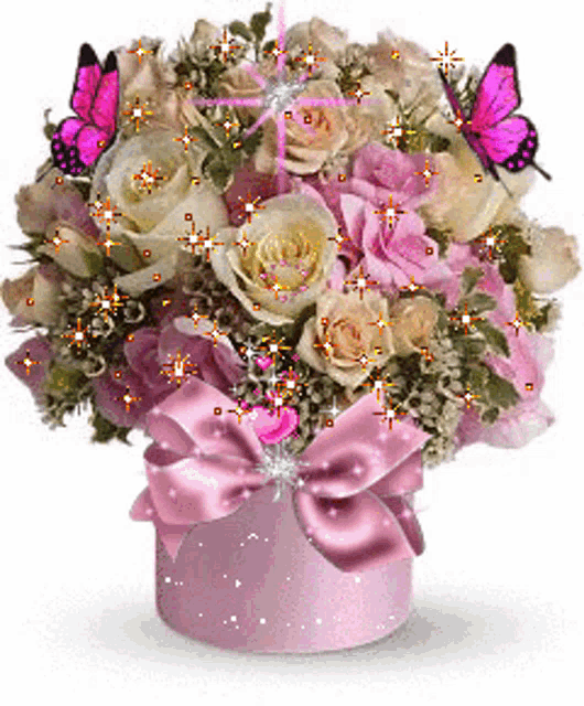 a bouquet of flowers in a pink box with butterflies flying around