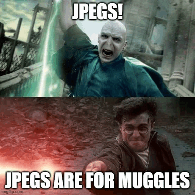 a picture of voldemort and harry potter with a caption that says " jpegs are for muggles "