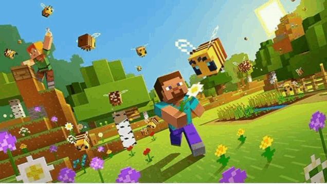 a man is holding a flower in a minecraft game while a bee flies around him .