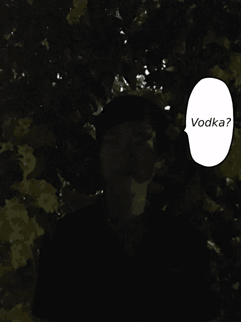 a person in the dark with a speech bubble that says " vodka "