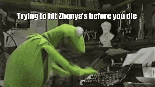 kermit the frog is trying to hit zhouya 's before you die while typing on a typewriter .