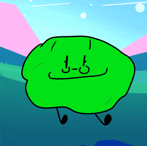 a cartoon drawing of a green blob with the letters j-t on its face