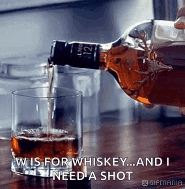 a bottle of whiskey is being poured into a glass on a table .
