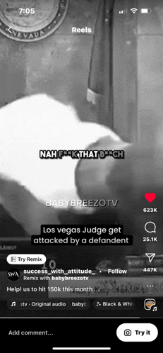 a screenshot of a video on a phone that says los vegas judge get attacked by a defiant