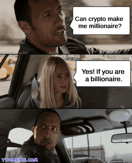 a man and a woman in a car with a speech bubble that says can crypto make me millionaire