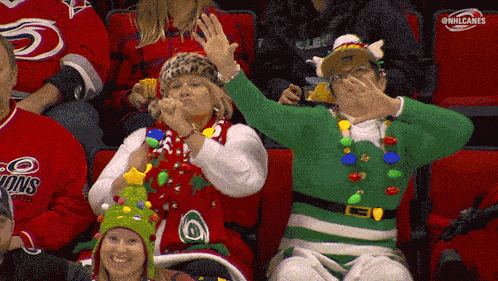 a group of people wearing christmas sweaters and hats are sitting in a stadium with the nhl canes logo on the bottom