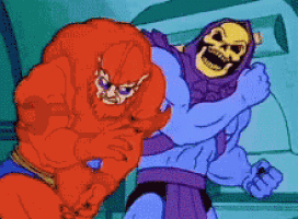 a cartoon of a skeletor standing next to a red monster