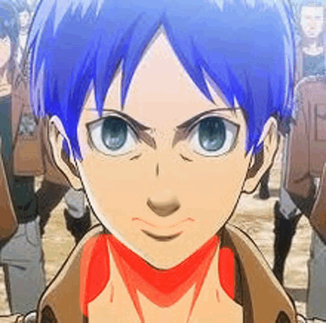 a cartoon character with blue hair and a red scarf around his neck .