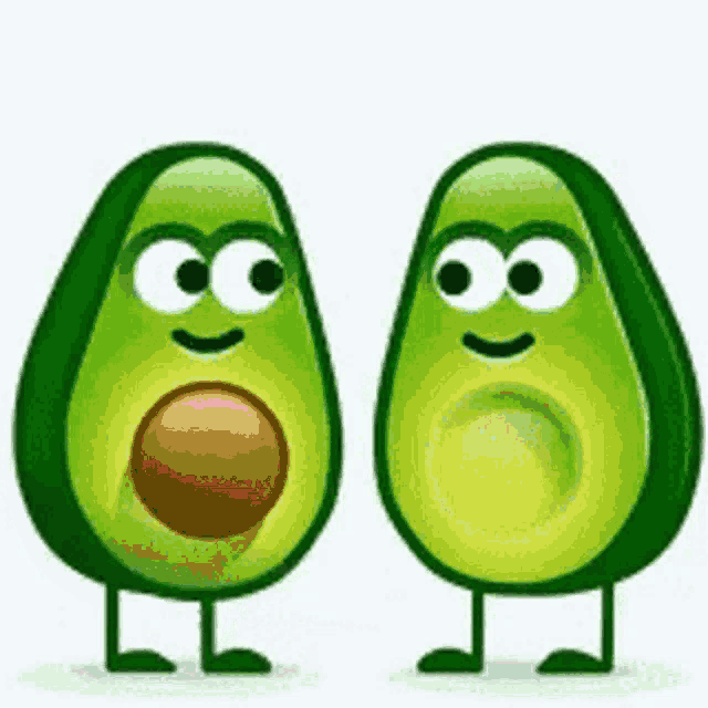 two avocados are standing next to each other and smiling .