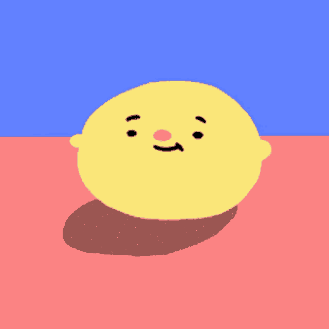 a cartoon lemon with a pink nose and black eyes