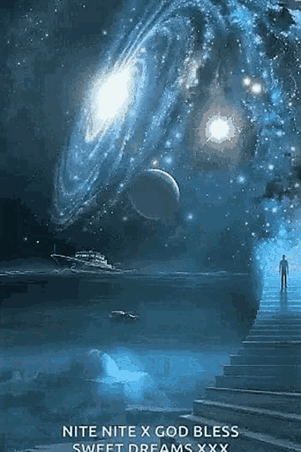 a man is standing on a set of stairs leading up to a galaxy in the sky .