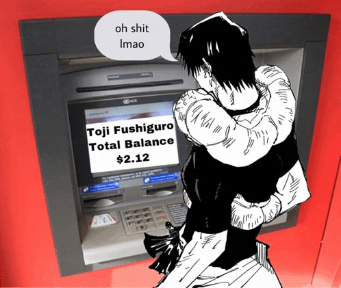 toji fushiguro total balance $ 2.12 is displayed on the screen of an atm