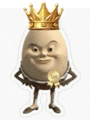 a cartoon egg wearing a gold crown and holding a medal .