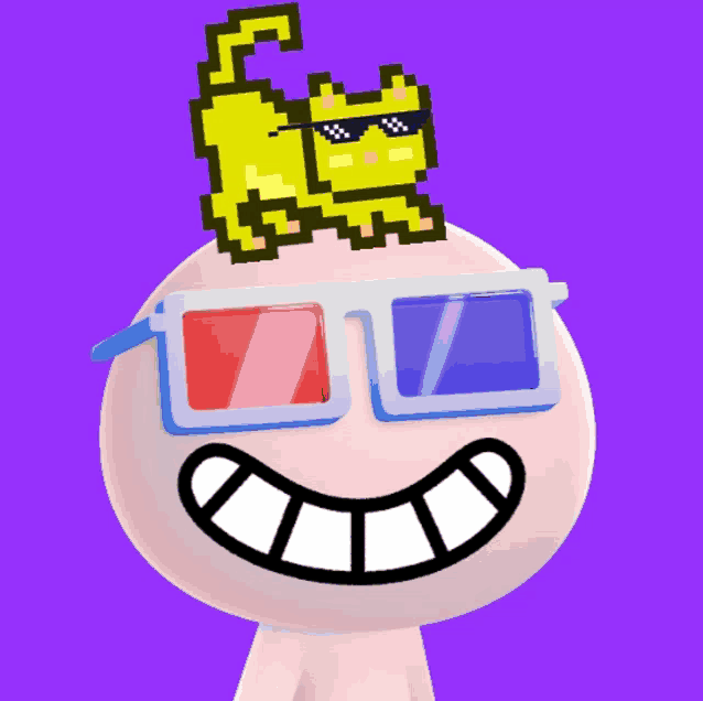 a cartoon character wearing 3d glasses with a pixel cat on top of his head