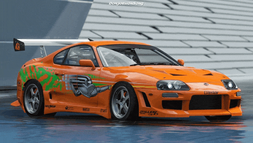 an orange sports car with a sticker on the front that says ' gt-r '