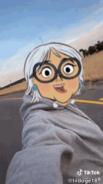 a tiktok video of a cartoon character with glasses and white hair