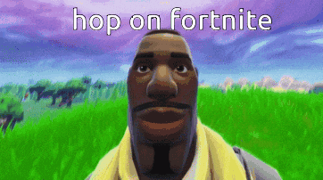 a man with a mustache is standing in a field with the words hop on fortnite above him