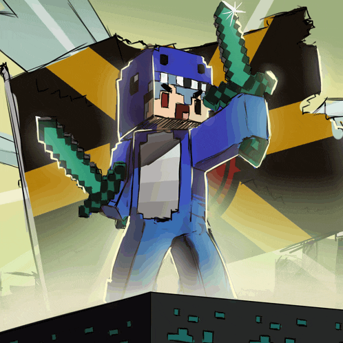 a cartoon drawing of a minecraft character holding two swords