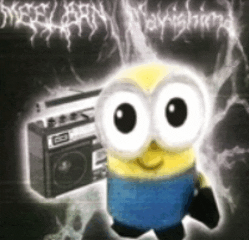 a picture of a minion holding a boombox with the word boyfriend written in the background