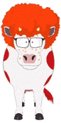a cartoon cow with glasses and a red afro is standing on a white background .