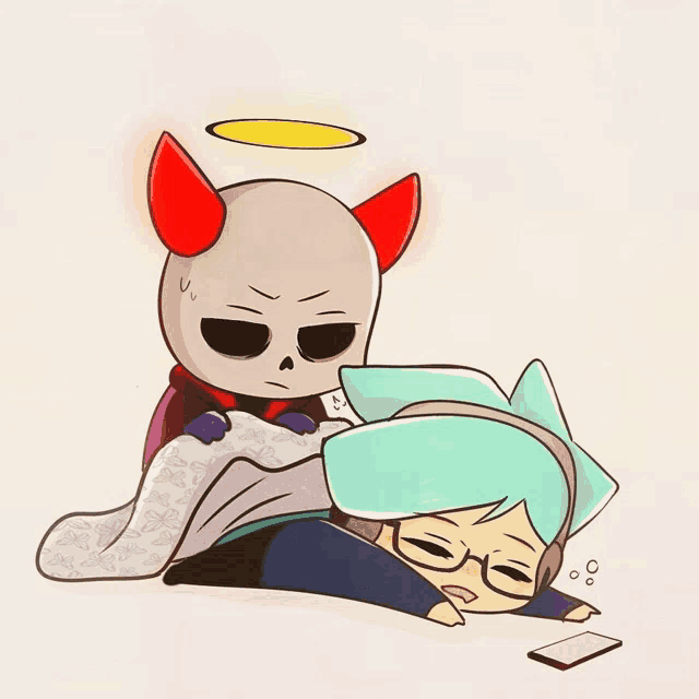 a cartoon drawing of a skeleton with red horns and a girl with blue hair