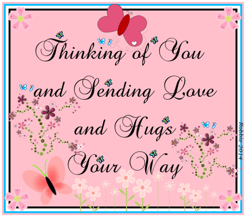 a pink greeting card with flowers and butterflies that says thinking of you and sending love and hugs your way