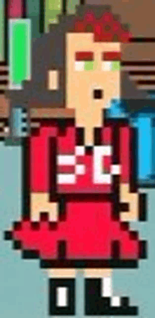 a pixel art drawing of a girl in a red dress holding a cup .