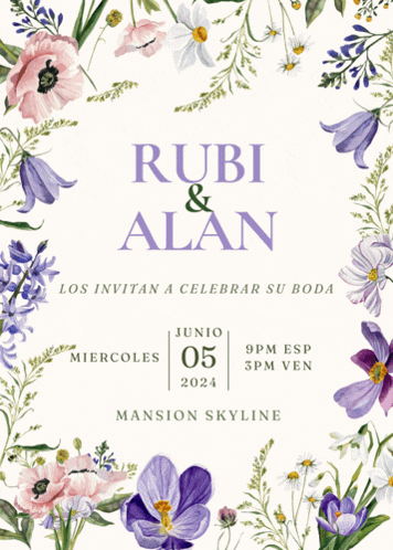 a wedding invitation for rubi and alan has purple and pink flowers on it