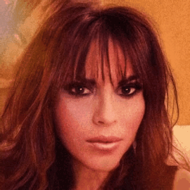 a close up of a woman 's face with long brown hair