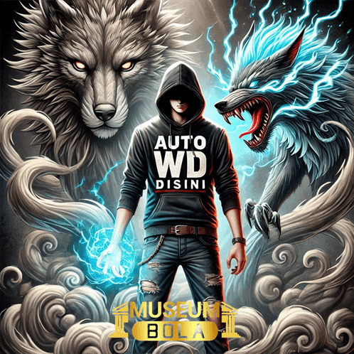 a man with a hoodie that says auto wd disini stands in front of a wolf