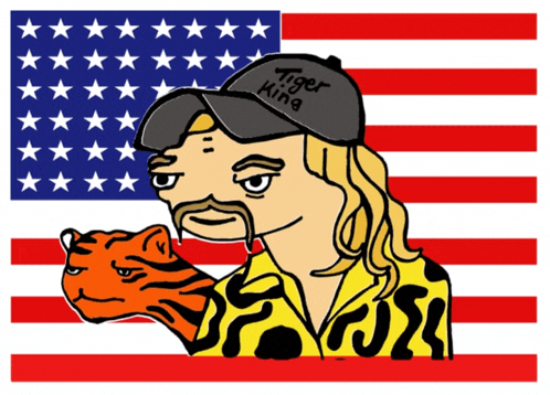 a man with a hat that says tiger king holds a tiger in front of an american flag