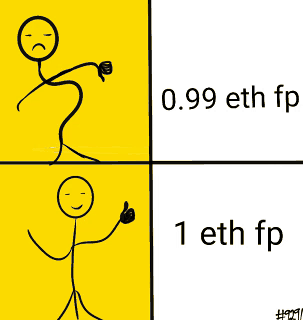 a stick figure giving a thumbs up and a stick figure giving a thumbs down with the words 0.99 eth fp