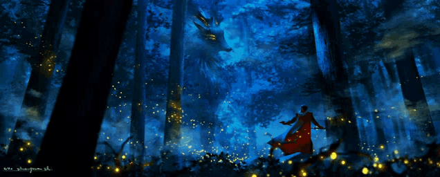 a woman in a red dress stands in a dark forest with a dragon flying overhead