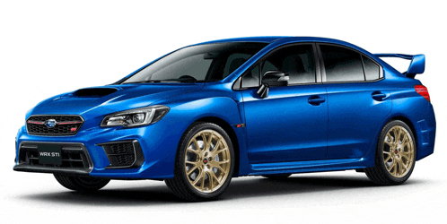 a blue subaru wrx sti car with gold wheels