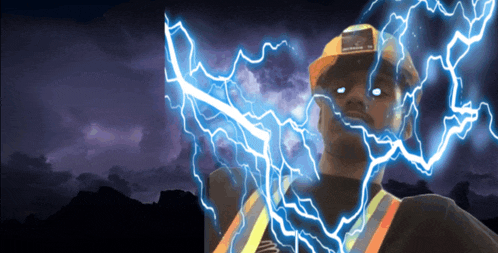 a man wearing a hard hat and safety vest is surrounded by lightning bolts