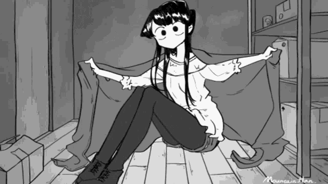 a black and white drawing of a girl sitting on a wooden floor with a blanket