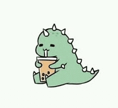 a cartoon of a dinosaur drinking a cup of bubble tea with a straw .