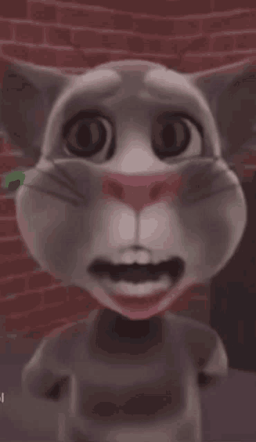 a close up of a talking cat with a brick wall in the background