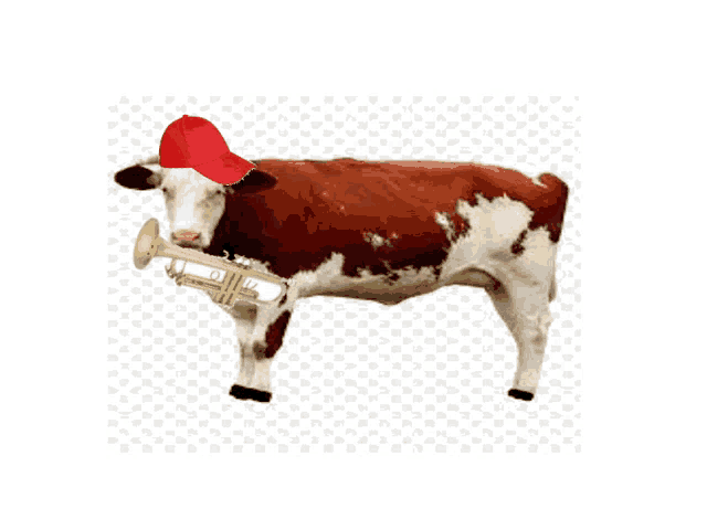 a brown and white cow wearing a red hat and holding a trumpet .