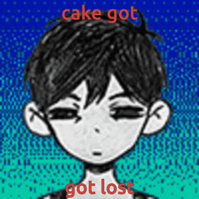 a black and white drawing of a boy with the words cake got got lost below him