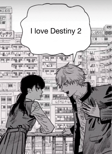 a black and white drawing of a man and a woman with a speech bubble that says " i love destiny 2 "