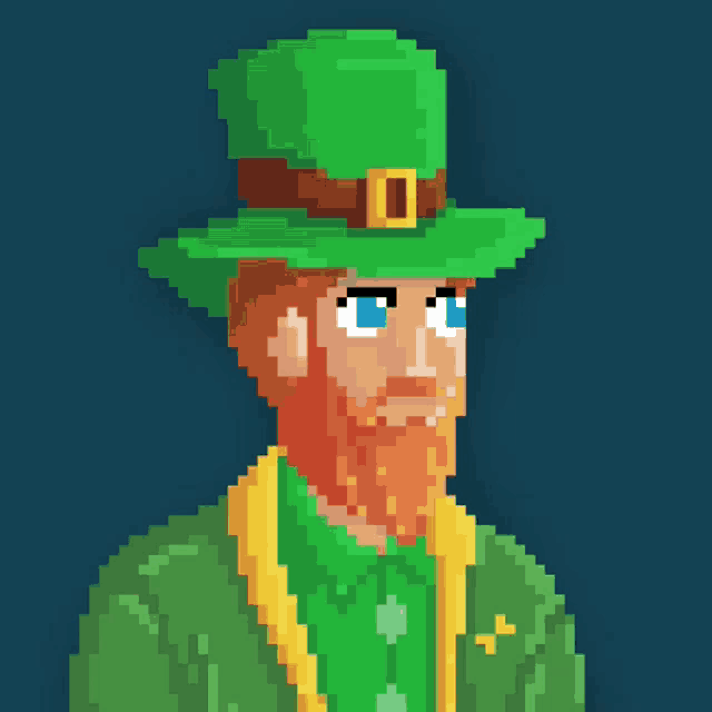 a pixel art drawing of a leprechaun with a beard