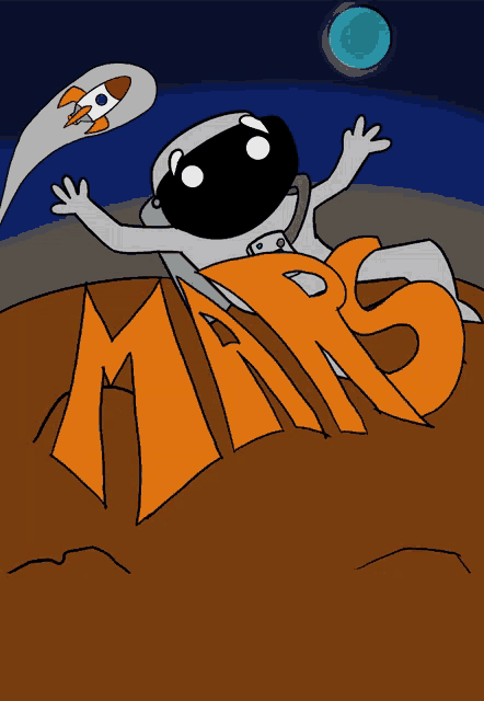 a cartoon drawing of an astronaut with the word mars written in orange