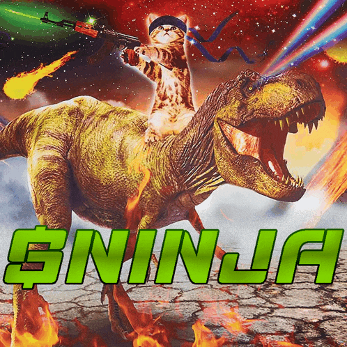 a cat is riding on the back of a t-rex with the word ninja on it