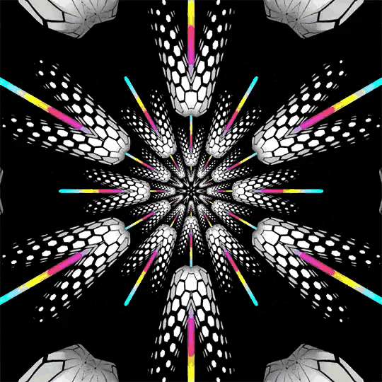 a black background with a circular pattern of white circles and colorful lines