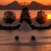 three boats are in the water at sunset