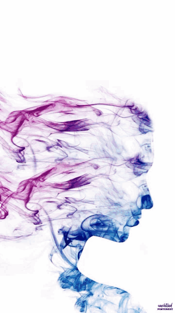 a purple and blue smoke swirls around a person 's face