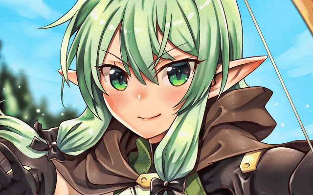 a girl with green hair and green eyes is holding a bow