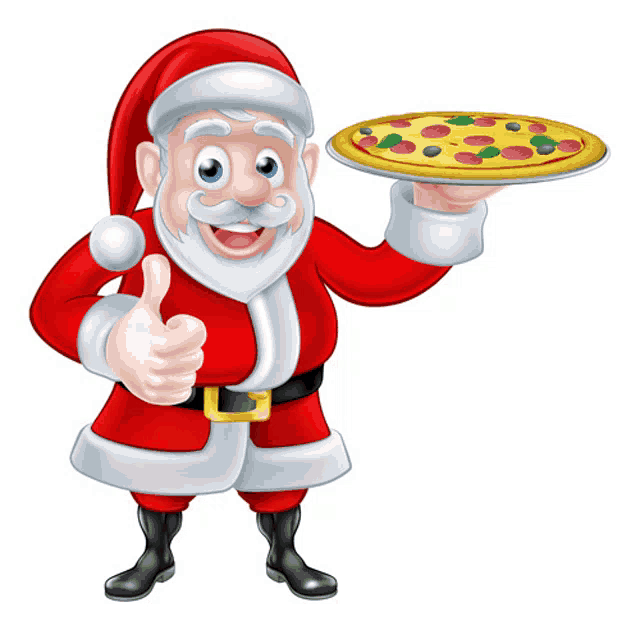 a santa claus cartoon character is holding a pizza and giving a thumbs up